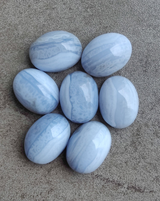 NATURAL BLUE LACE AGATE OVAL SHAPE CABOCHON FLAT BACK CALIBRATED WHOLESALE GEMSTONES, ALL SIZES AVAILABLE
