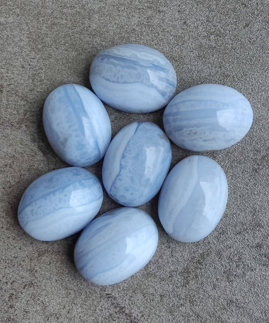 NATURAL BLUE LACE AGATE OVAL SHAPE CABOCHON FLAT BACK CALIBRATED WHOLESALE GEMSTONES, ALL SIZES AVAILABLE