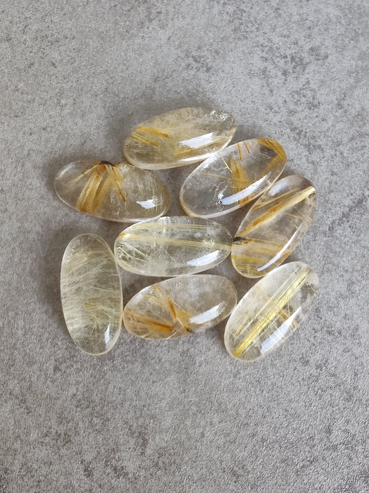 AAA+ QUALITY NATURAL GOLDEN RUTILE BIG OVAL SHAPE CABOCHON FLAT BACK CALIBRATED BEDA SHAPE GEMSTONES, ALL SIZES AVAILABLE