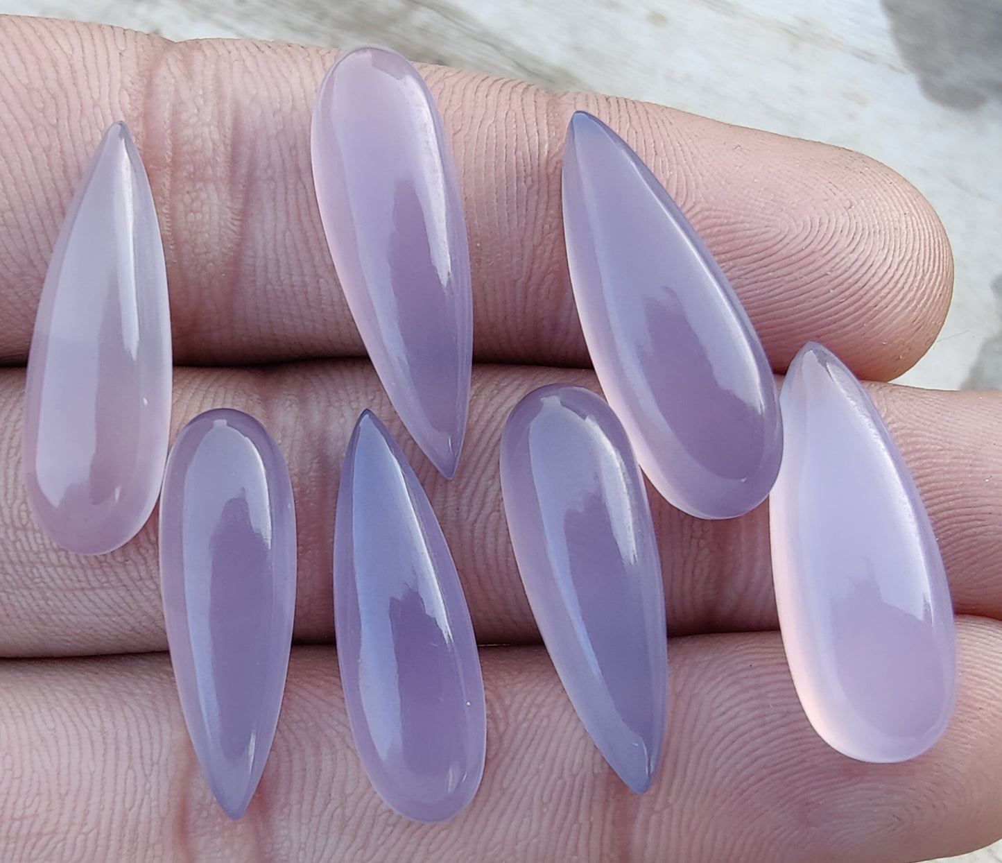 AAA+ QUALITY NATURAL LAVENDER CHALCEDONY BIG PEAR SHAPE CABOCHON FLAT BACK CALIBRATED BEDA SHAPE GEMSTONES, ALL SIZES AVAILABLE