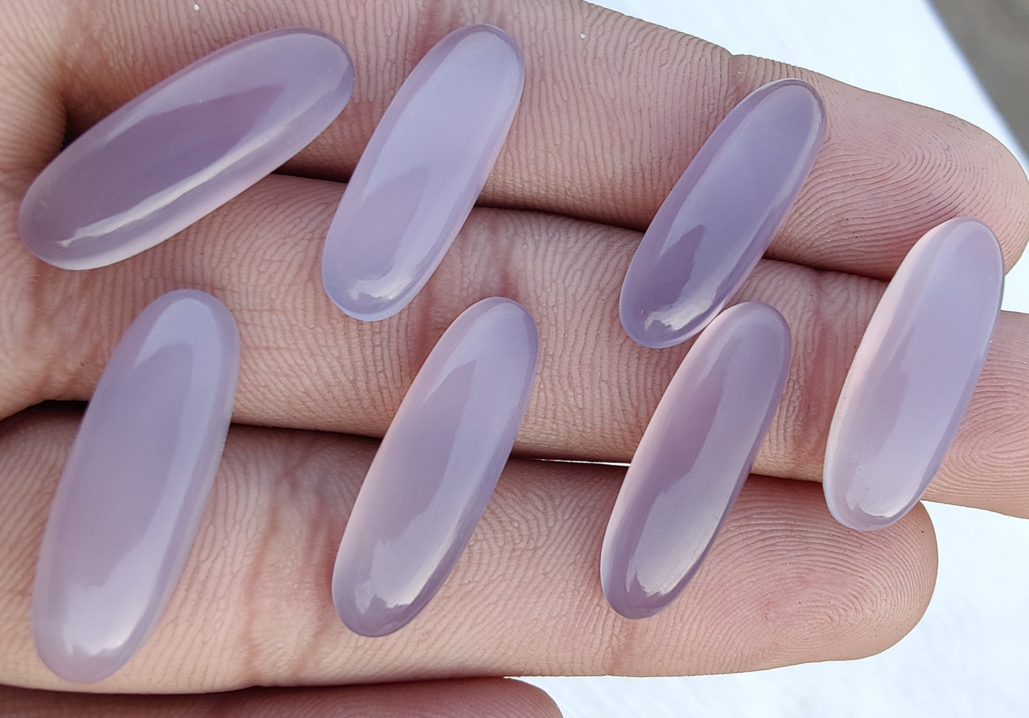 AAA+ QUALITY NATURAL LAVENDER CHALCEDONY BIG OVAL SHAPE CABOCHON FLAT BACK CALIBRATED BEDA SHAPE GEMSTONES, ALL SIZES AVAILABLE