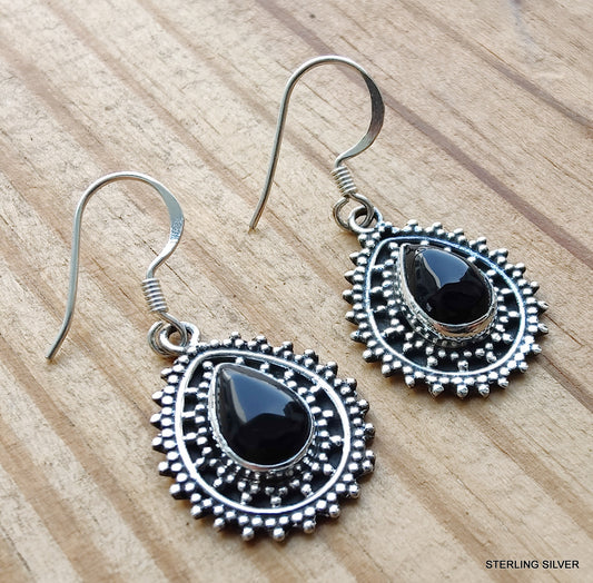 925 SOLID STERLING SILVER NATURAL BLACK ONYX GEMSTONE HOOK EARRING