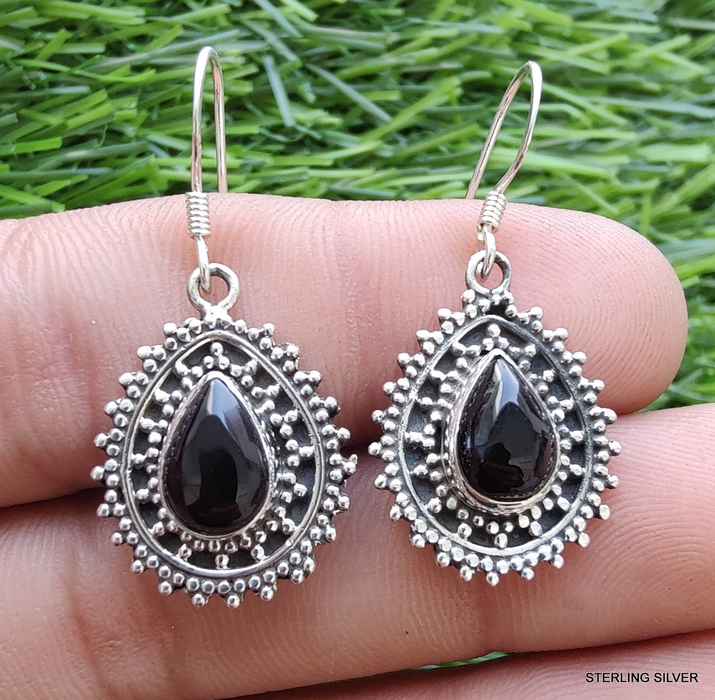 925 SOLID STERLING SILVER NATURAL BLACK ONYX GEMSTONE HOOK EARRING