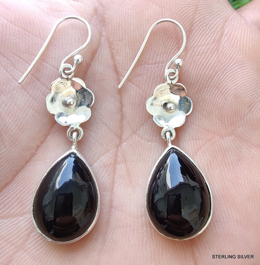 925 SOLID STERLING SILVER NATURAL BLACK ONYX GEMSTONE HOOK EARRING