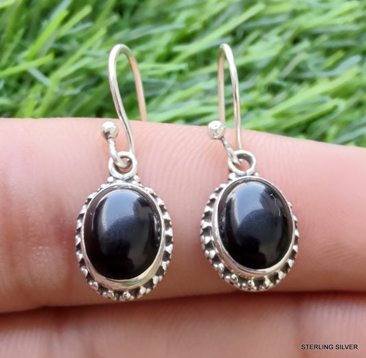 925 SOLID STERLING SILVER NATURAL BLACK ONYX GEMSTONE HOOK EARRING