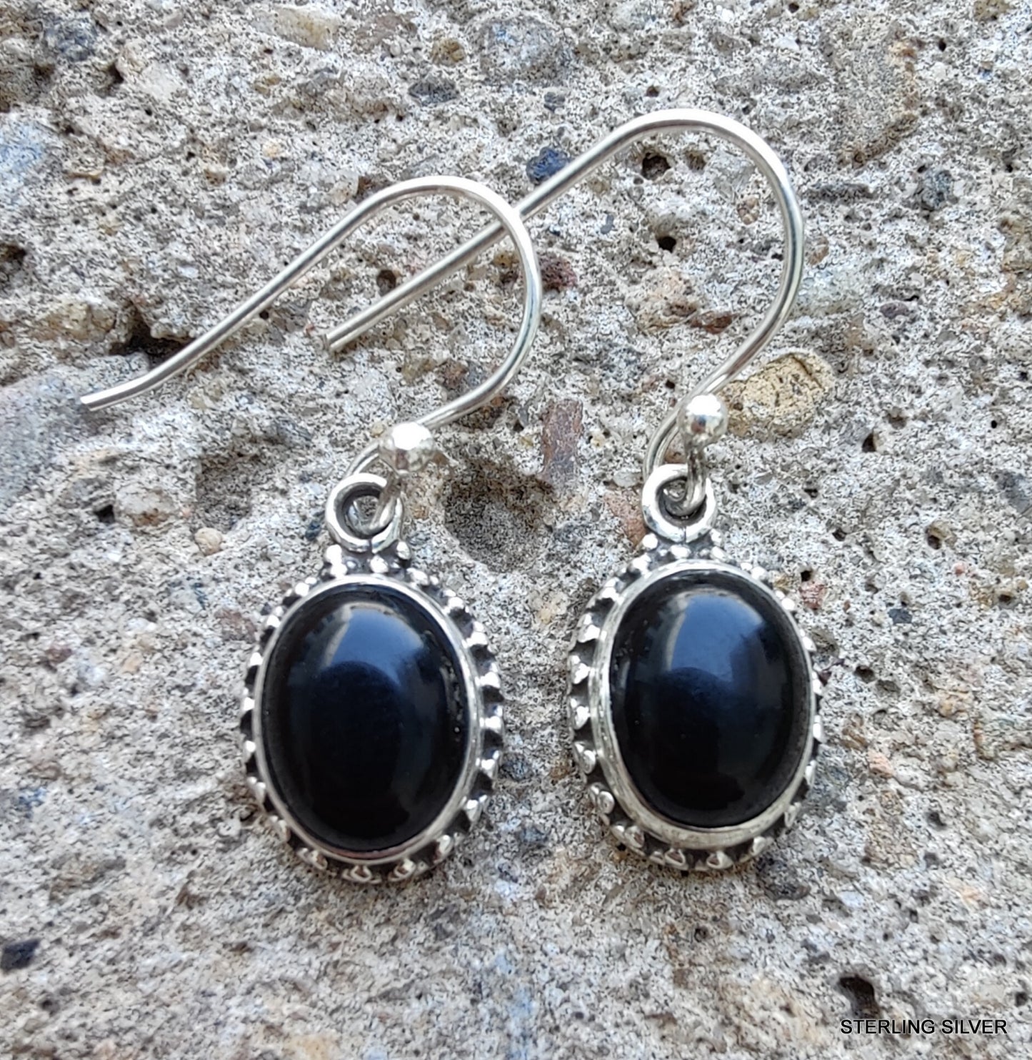 925 SOLID STERLING SILVER NATURAL BLACK ONYX GEMSTONE HOOK EARRING