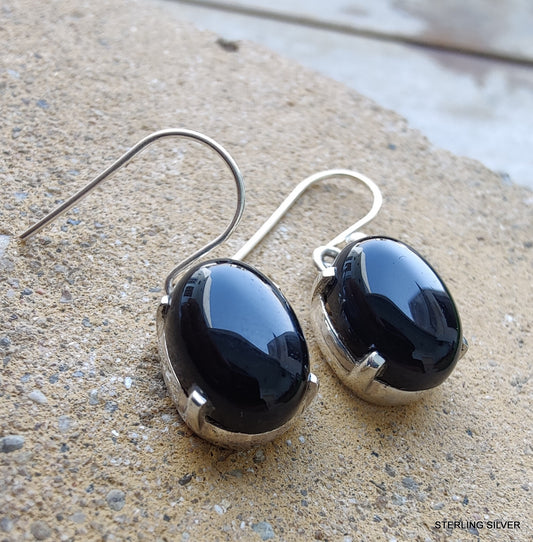 925 SOLID STERLING SILVER NATURAL BLACK ONYX GEMSTONE HOOK EARRING