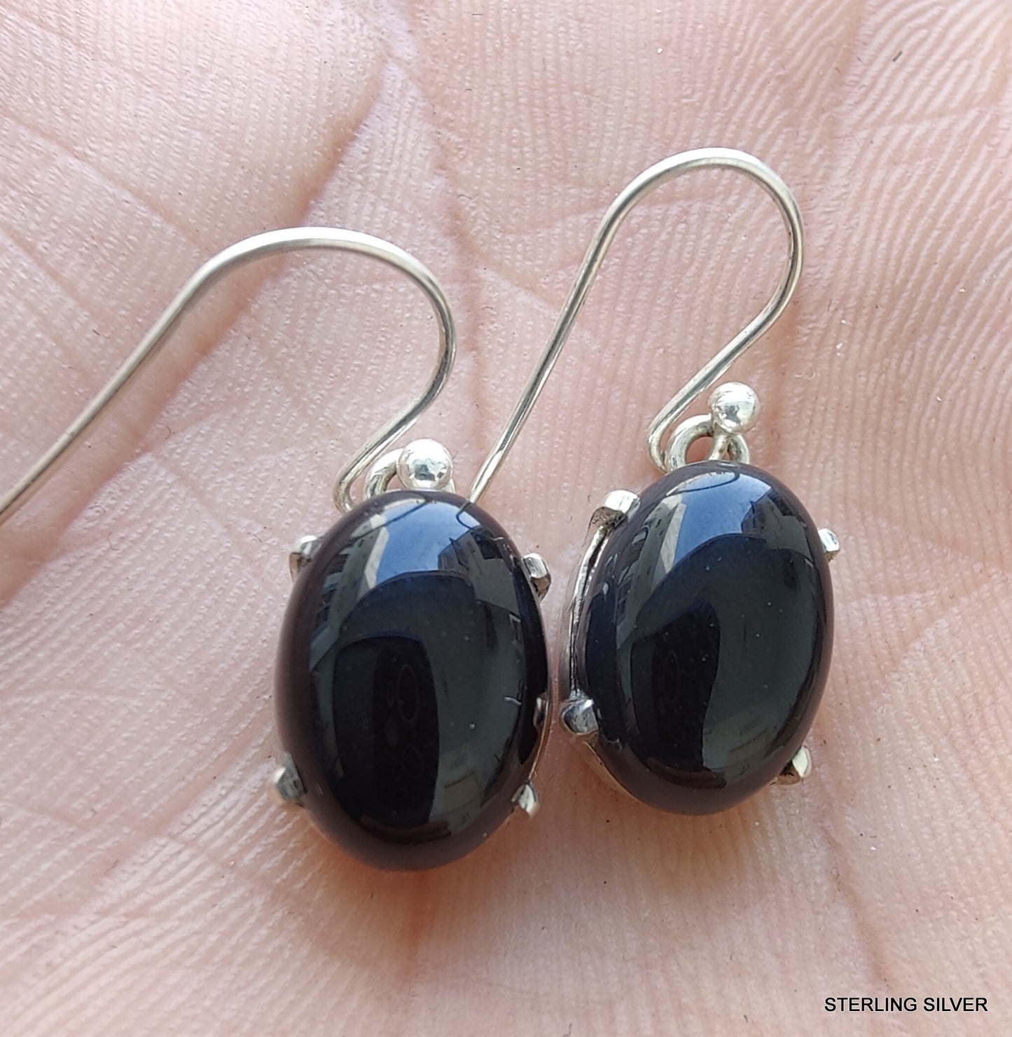 925 SOLID STERLING SILVER NATURAL BLACK ONYX GEMSTONE HOOK EARRING