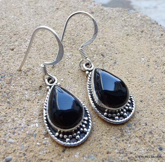 925 SOLID STERLING SILVER NATURAL BLACK ONYX GEMSTONE HOOK EARRING