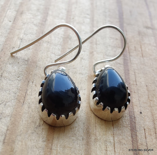 925 SOLID STERLING SILVER NATURAL BLACK ONYX GEMSTONE HOOK EARRING