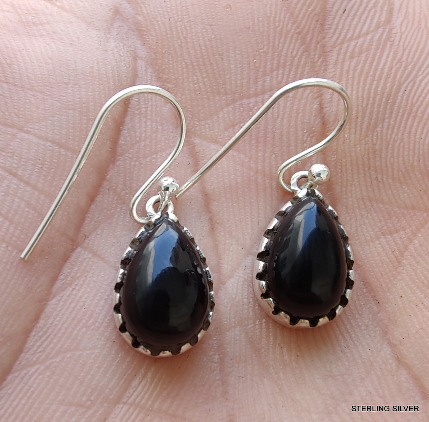 925 SOLID STERLING SILVER NATURAL BLACK ONYX GEMSTONE HOOK EARRING