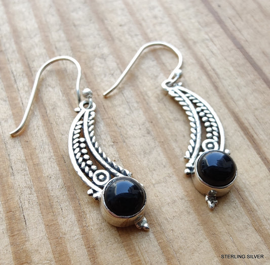 925 SOLID STERLING SILVER NATURAL BLACK ONYX GEMSTONE HOOK EARRING