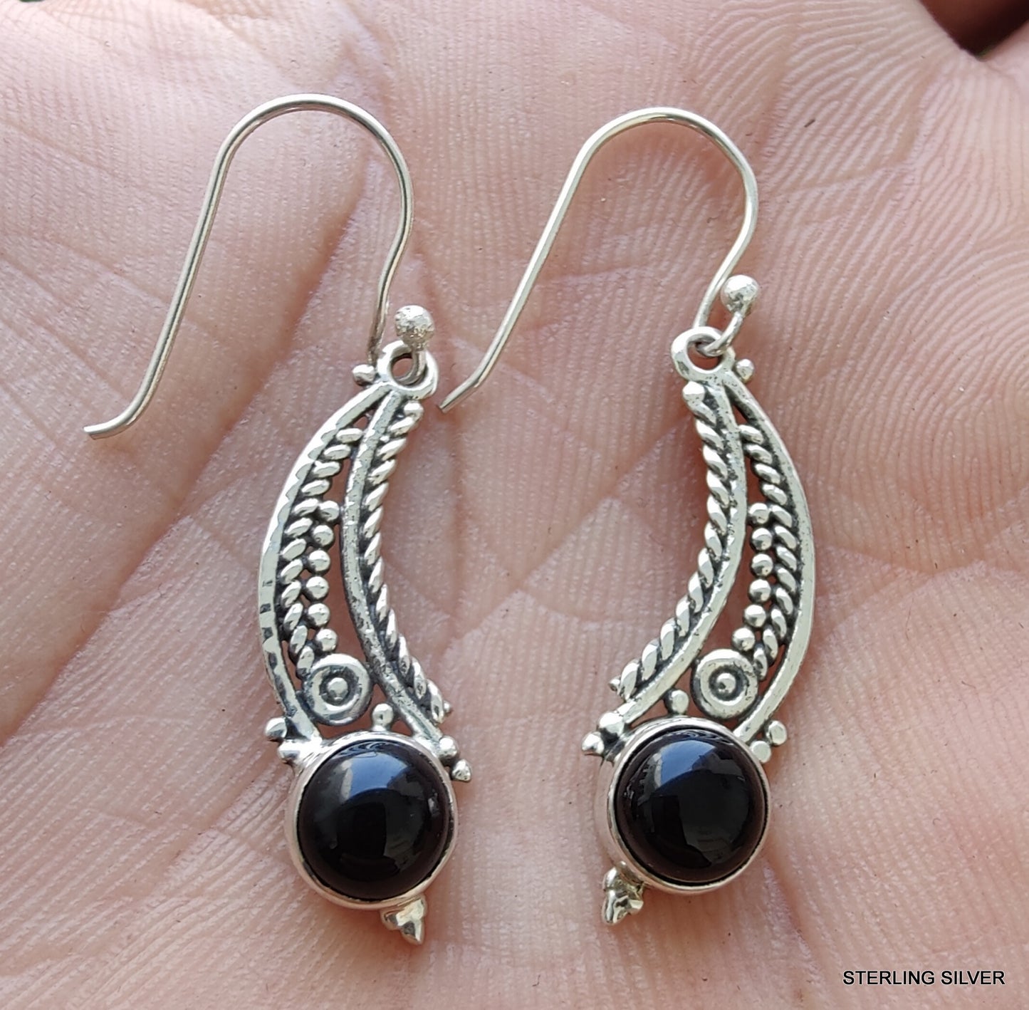 925 SOLID STERLING SILVER NATURAL BLACK ONYX GEMSTONE HOOK EARRING