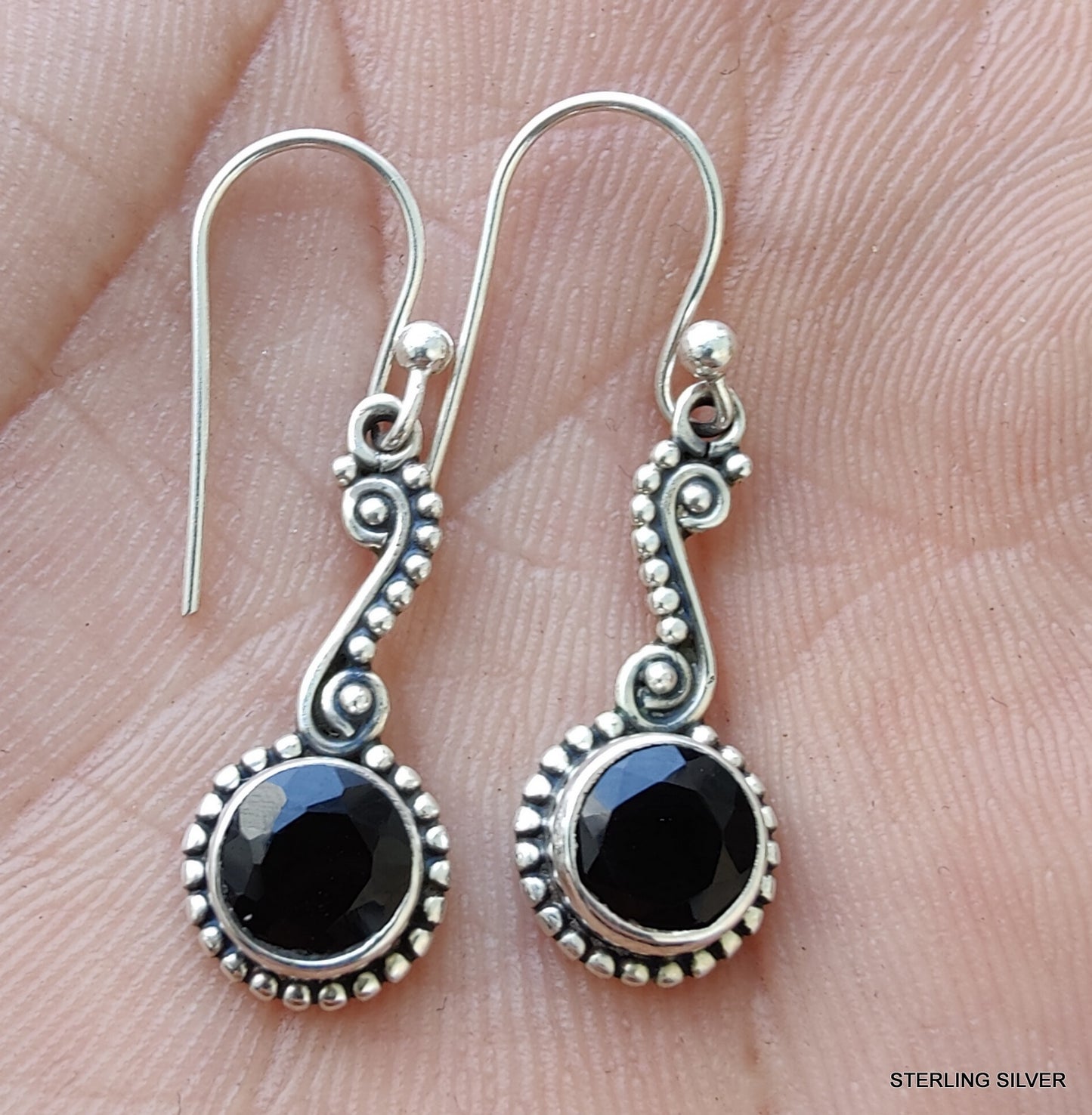 925 SOLID STERLING SILVER NATURAL BLACK ONYX GEMSTONE HOOK EARRING