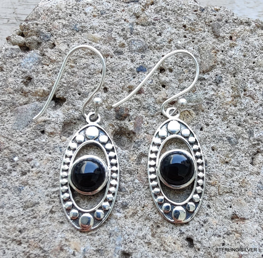 925 SOLID STERLING SILVER NATURAL BLACK ONYX GEMSTONE HOOK EARRING
