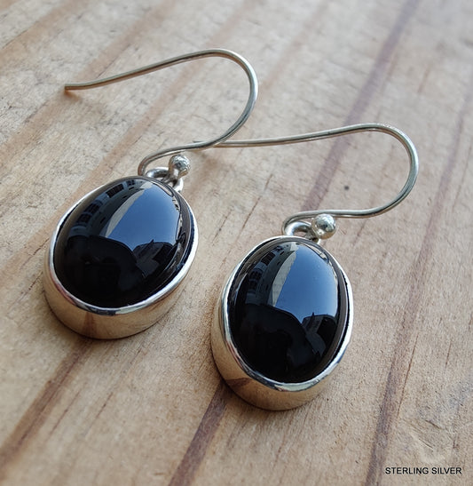 925 SOLID STERLING SILVER NATURAL BLACK ONYX GEMSTONE HOOK EARRING