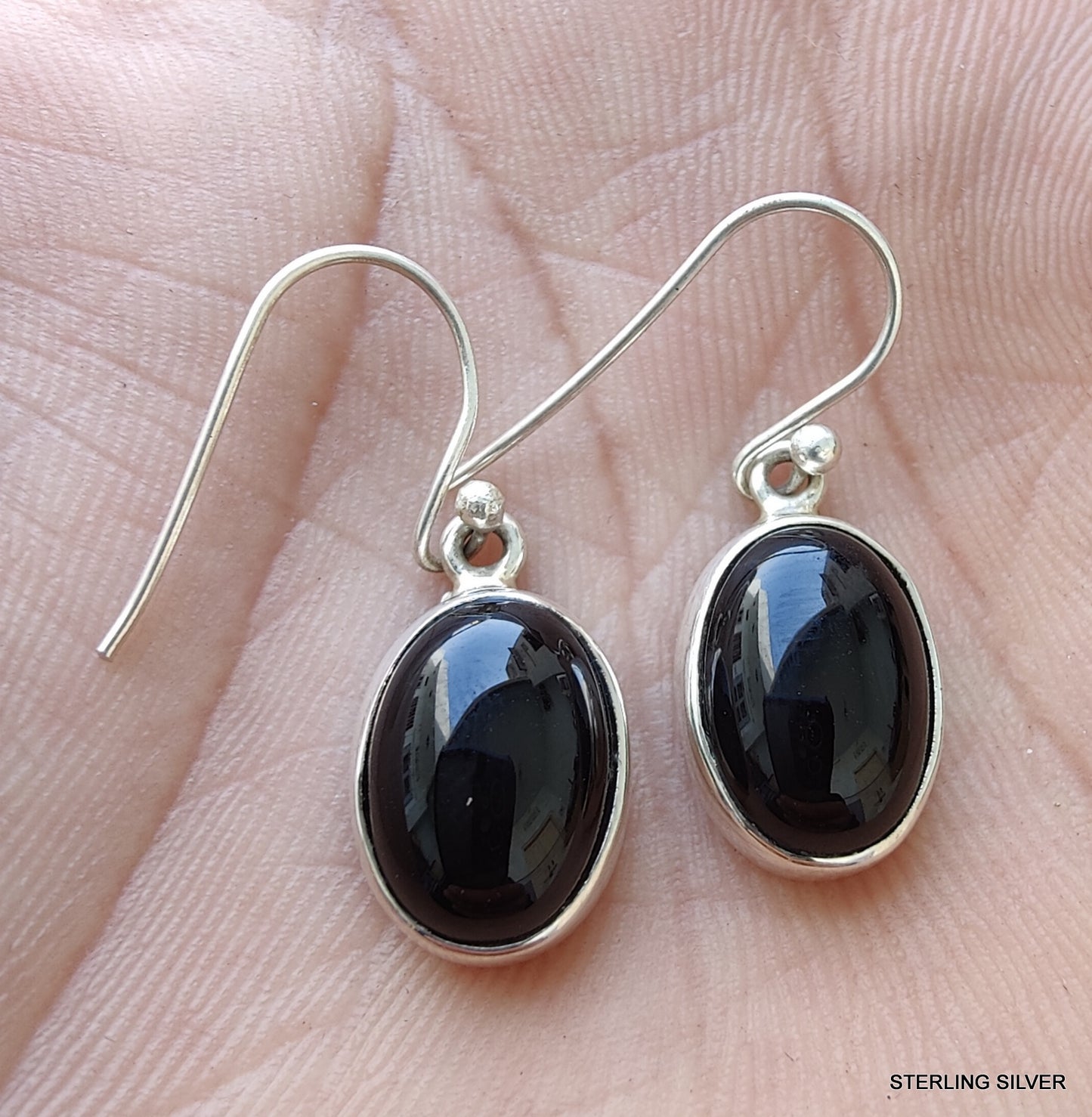 925 SOLID STERLING SILVER NATURAL BLACK ONYX GEMSTONE HOOK EARRING