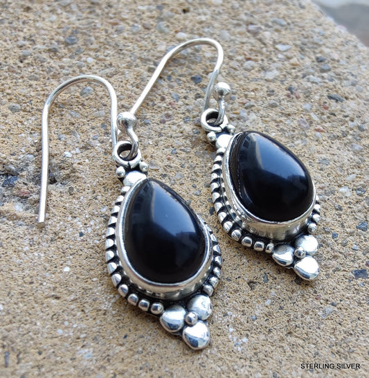 925 SOLID STERLING SILVER NATURAL BLACK ONYX GEMSTONE HOOK EARRING