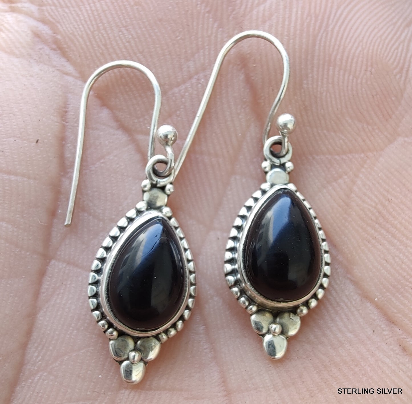 925 SOLID STERLING SILVER NATURAL BLACK ONYX GEMSTONE HOOK EARRING