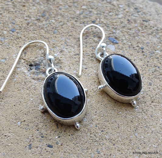 925 SOLID STERLING SILVER NATURAL BLACK ONYX GEMSTONE HOOK EARRING