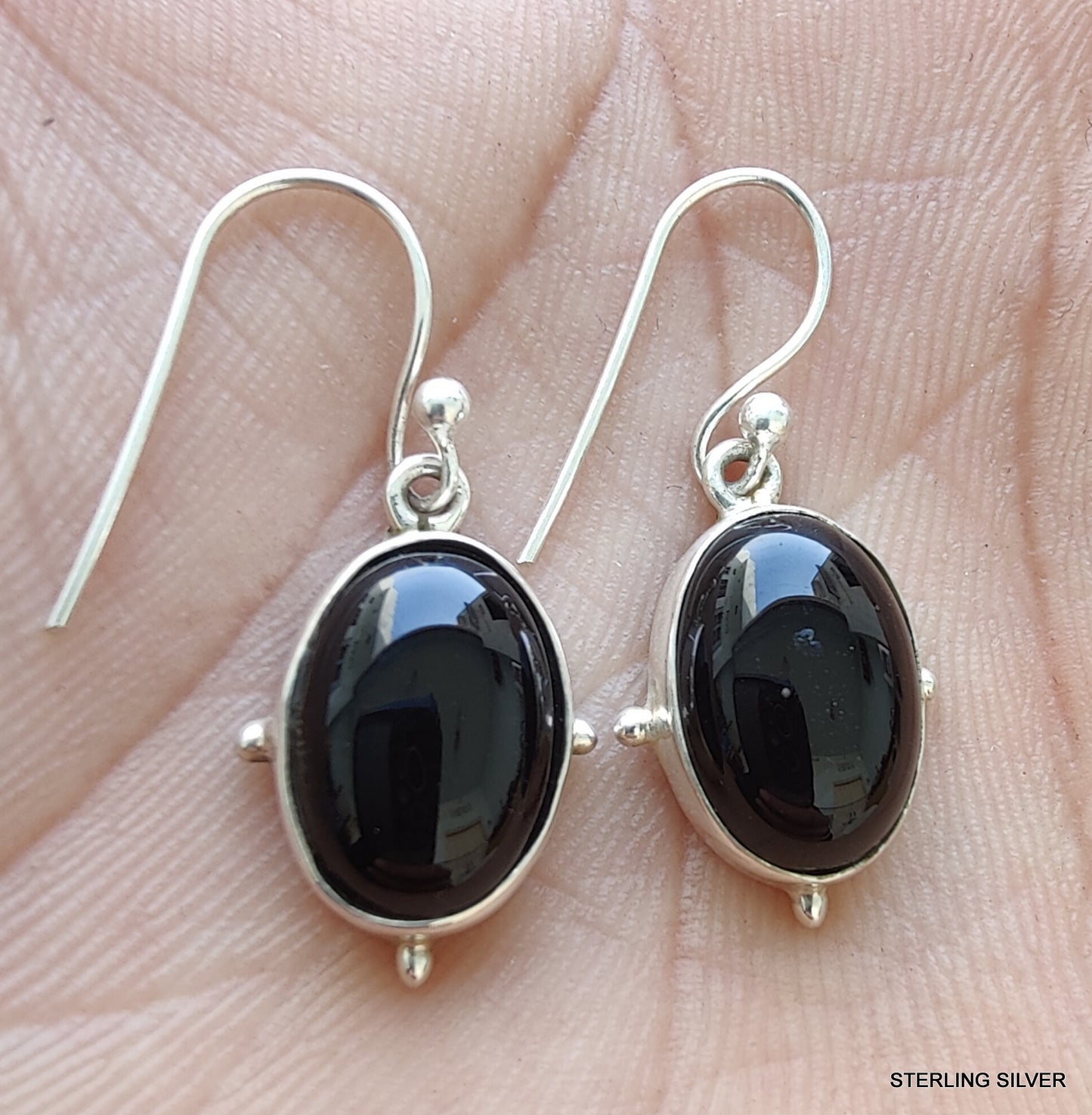 925 SOLID STERLING SILVER NATURAL BLACK ONYX GEMSTONE HOOK EARRING