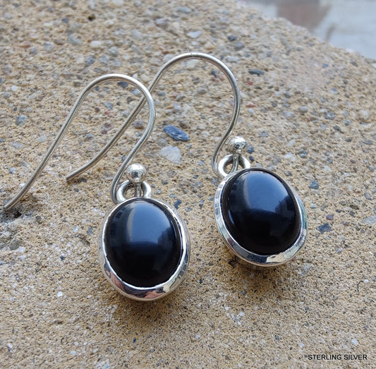 925 SOLID STERLING SILVER NATURAL BLACK ONYX GEMSTONE HOOK EARRING