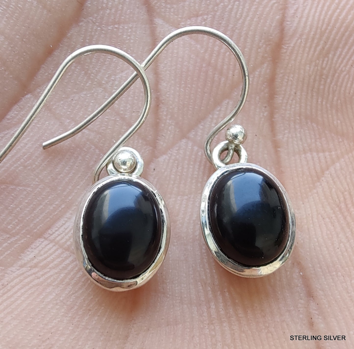 925 SOLID STERLING SILVER NATURAL BLACK ONYX GEMSTONE HOOK EARRING