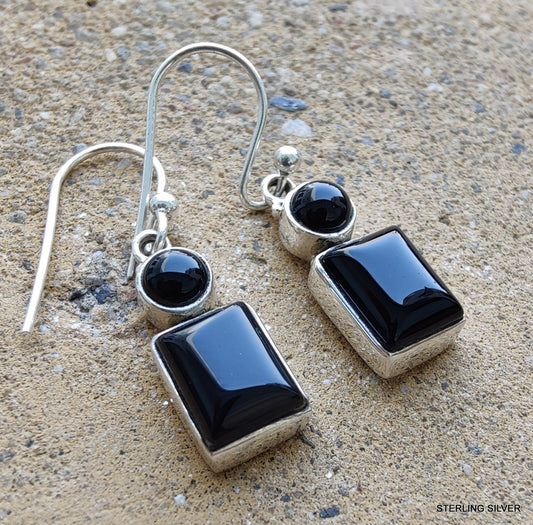 925 SOLID STERLING SILVER NATURAL BLACK ONYX GEMSTONE HOOK EARRING