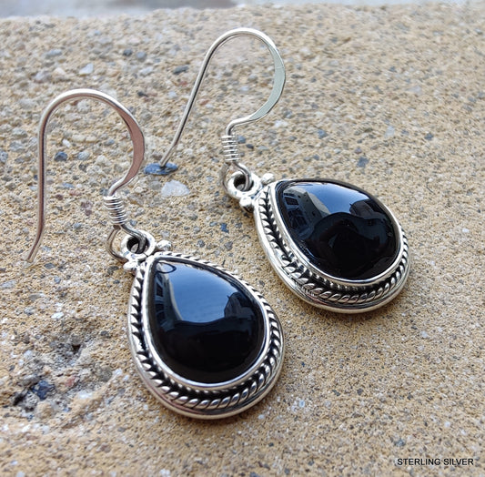 925 SOLID STERLING SILVER NATURAL BLACK ONYX GEMSTONE HOOK EARRING