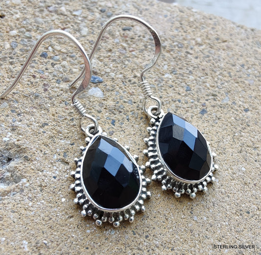 925 SOLID STERLING SILVER NATURAL BLACK ONYX GEMSTONE HOOK EARRING