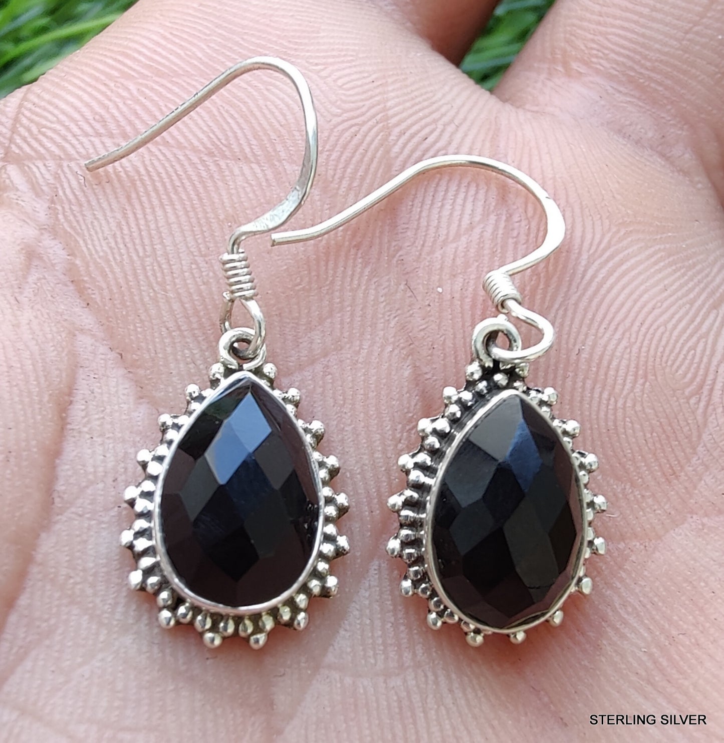 925 SOLID STERLING SILVER NATURAL BLACK ONYX GEMSTONE HOOK EARRING