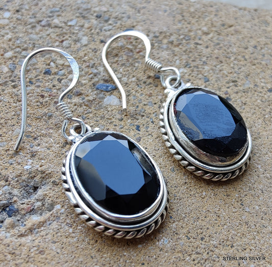 925 SOLID STERLING SILVER NATURAL BLACK ONYX GEMSTONE HOOK EARRING