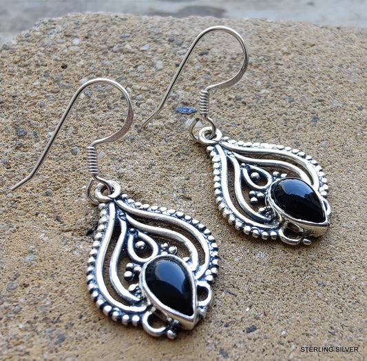 925 SOLID STERLING SILVER NATURAL BLACK ONYX GEMSTONE HOOK EARRING