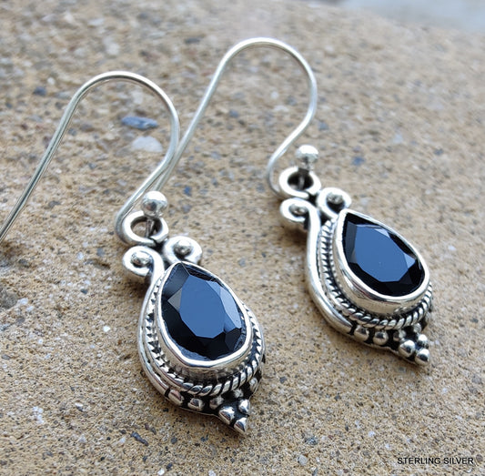 925 SOLID STERLING SILVER NATURAL BLACK ONYX GEMSTONE HOOK EARRING