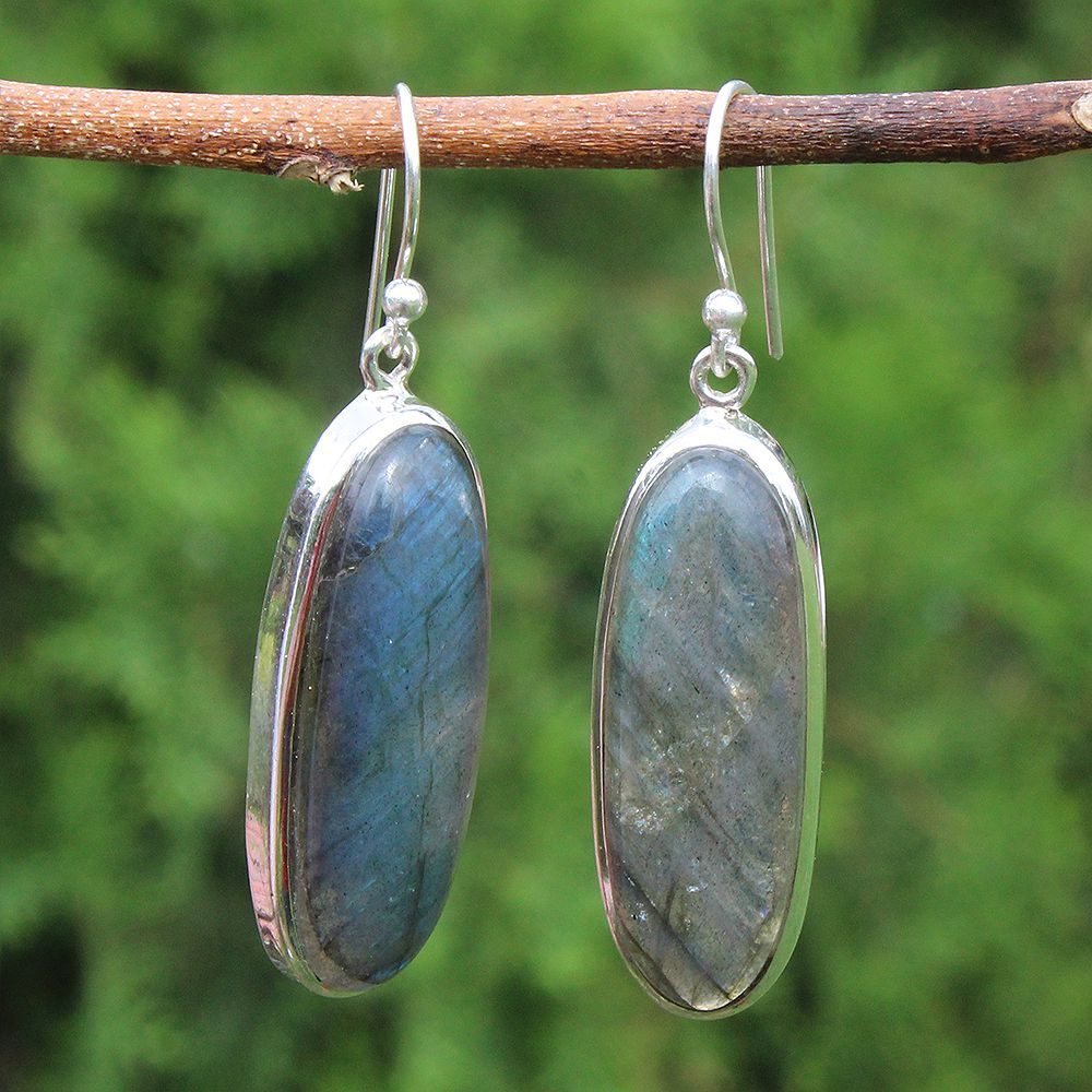 925 SOLID STERLING SILVER NATURAL LABRADORITE GEMSTONE HOOK EARRING