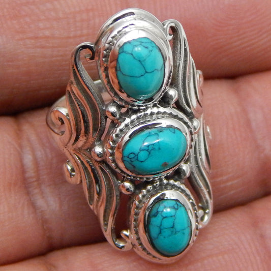 925 SOLID STERLING SILVER NATURAL TURQUOISE GEMSTONES HANDMADE RING, ALL SIZES AVAILABLE