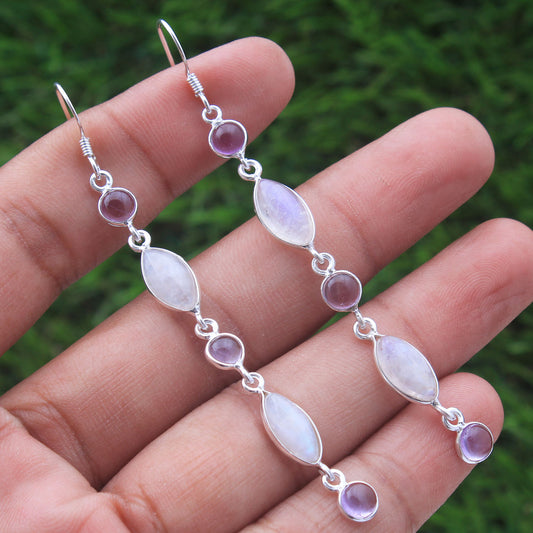 925 SOLID STERLING SILVER NATURAL RAINBOW MOONSTONE GEMSTONE HOOK EARRING
