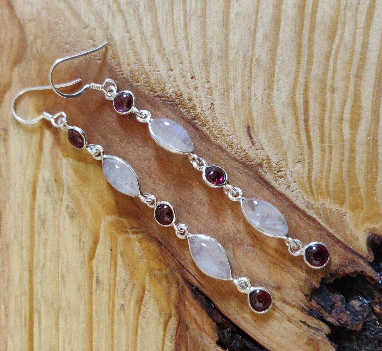 925 SOLID STERLING SILVER NATURAL RAINBOW MOONSTONE GEMSTONE HOOK EARRING