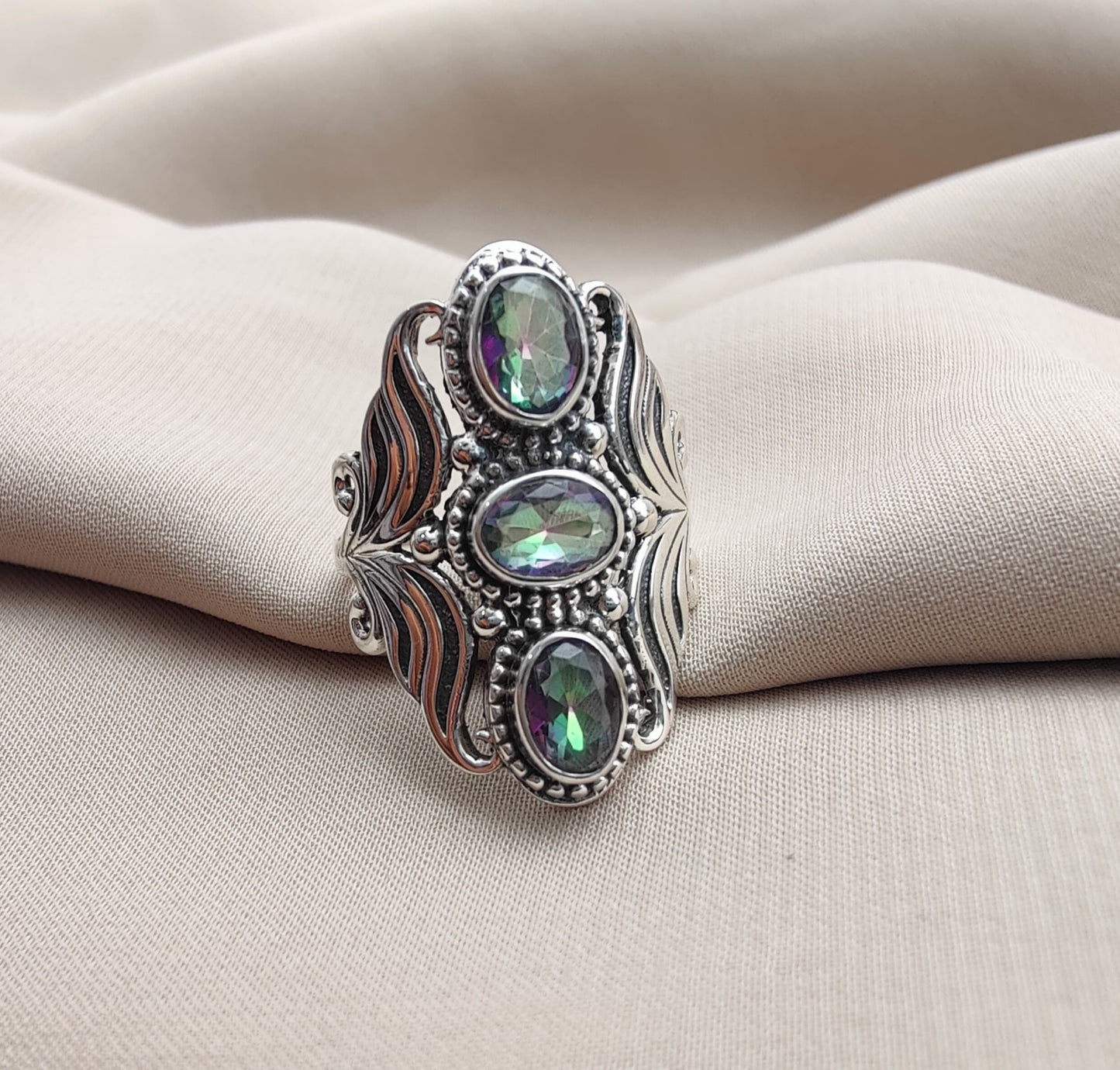 925 SOLID STERLING SILVER NATURAL MYSTIC QUARTZ GEMSTONES HANDMADE RING, ALL SIZES AVAILABLE