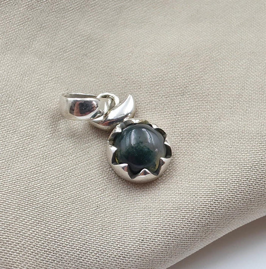 925 Sterling Silver Green Moss Agate Pendant Natural Round Cabochon Floral Gemstone Necklace Charm
