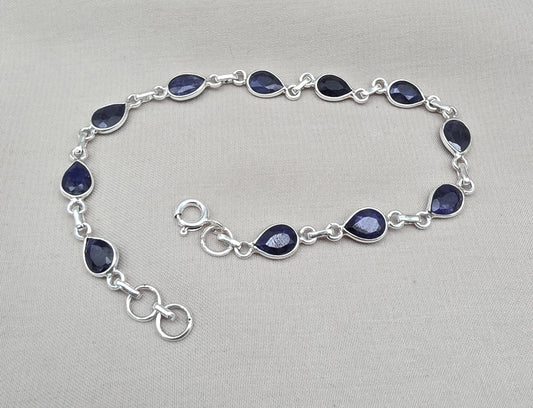 925 Sterling Silver Sapphire Bracelet Natural Blue Gemstone Pear Link Jewelry