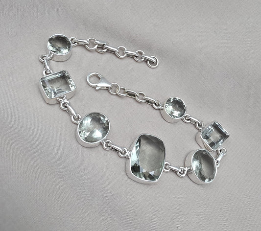 925 Sterling Silver Green Amethyst Bracelet Multi Shape Gemstone Elegant Statement Bracelet for Women