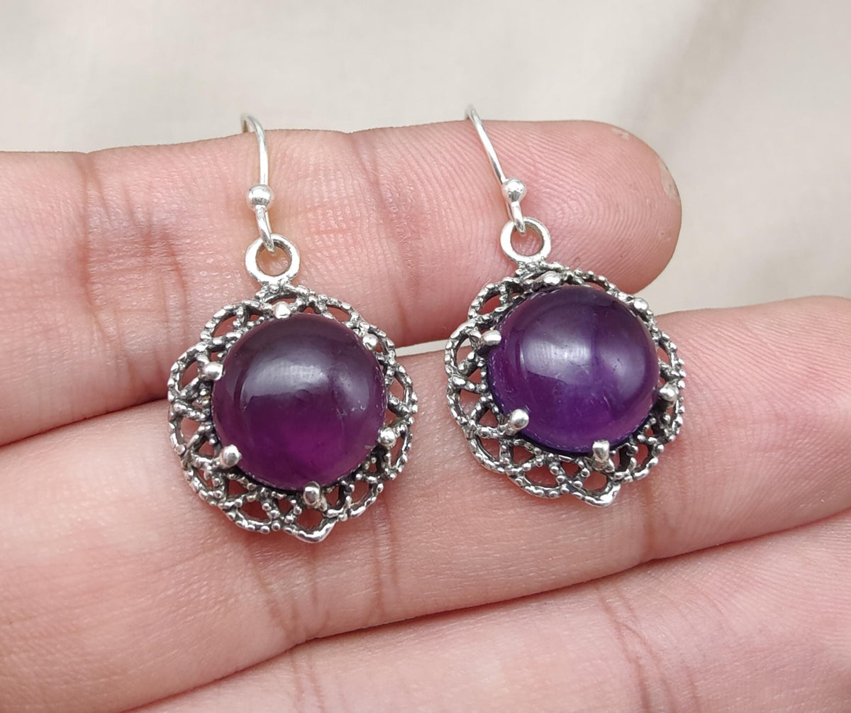 Amethyst 925 Sterling Silver Round Drop Dainty Earrings Boho Jewelry