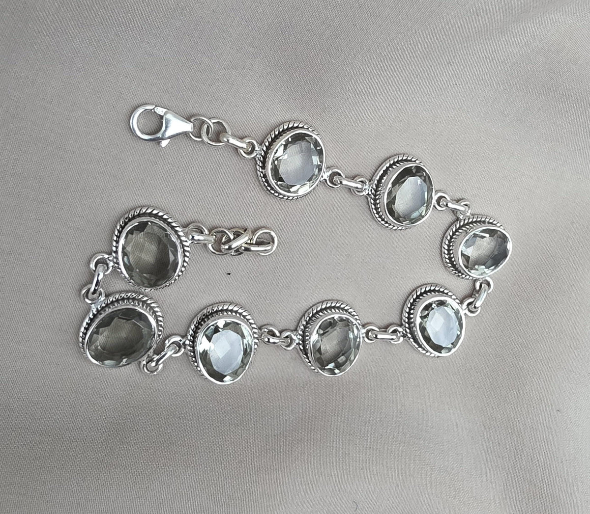 925 Sterling Silver Green Amethyst Bracelet Oval Prasiolite Gemstone Vintage Boho Bracelet for Women