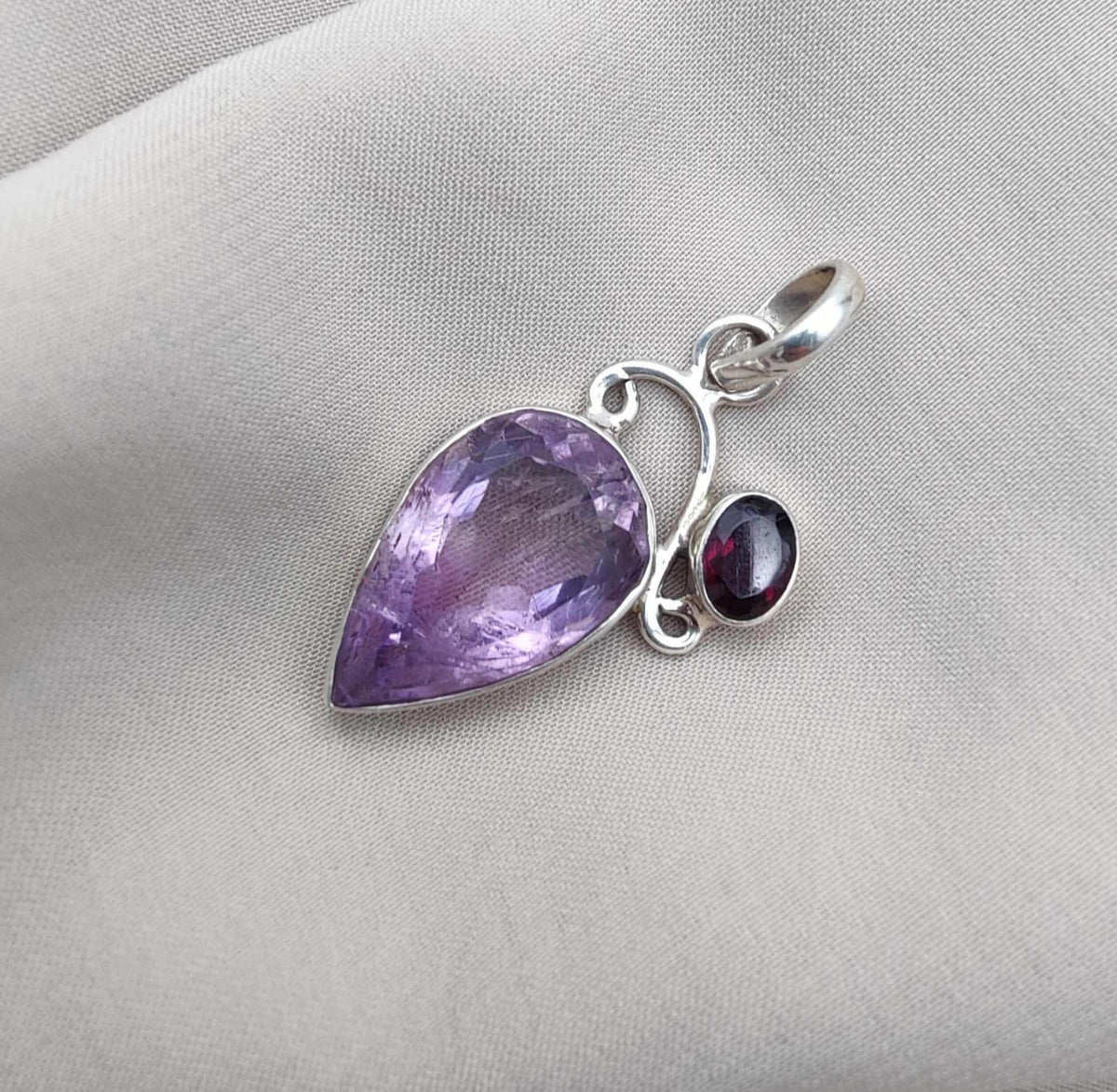 Amethyst Garnet Pendant: Teardrop Sterling Silver Gemstone Jewelry
