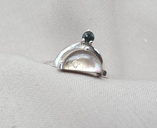 Mother of Pearl Doublet Ring 925 Sterling Silver Dual Stone Moss Agate Statement Ring