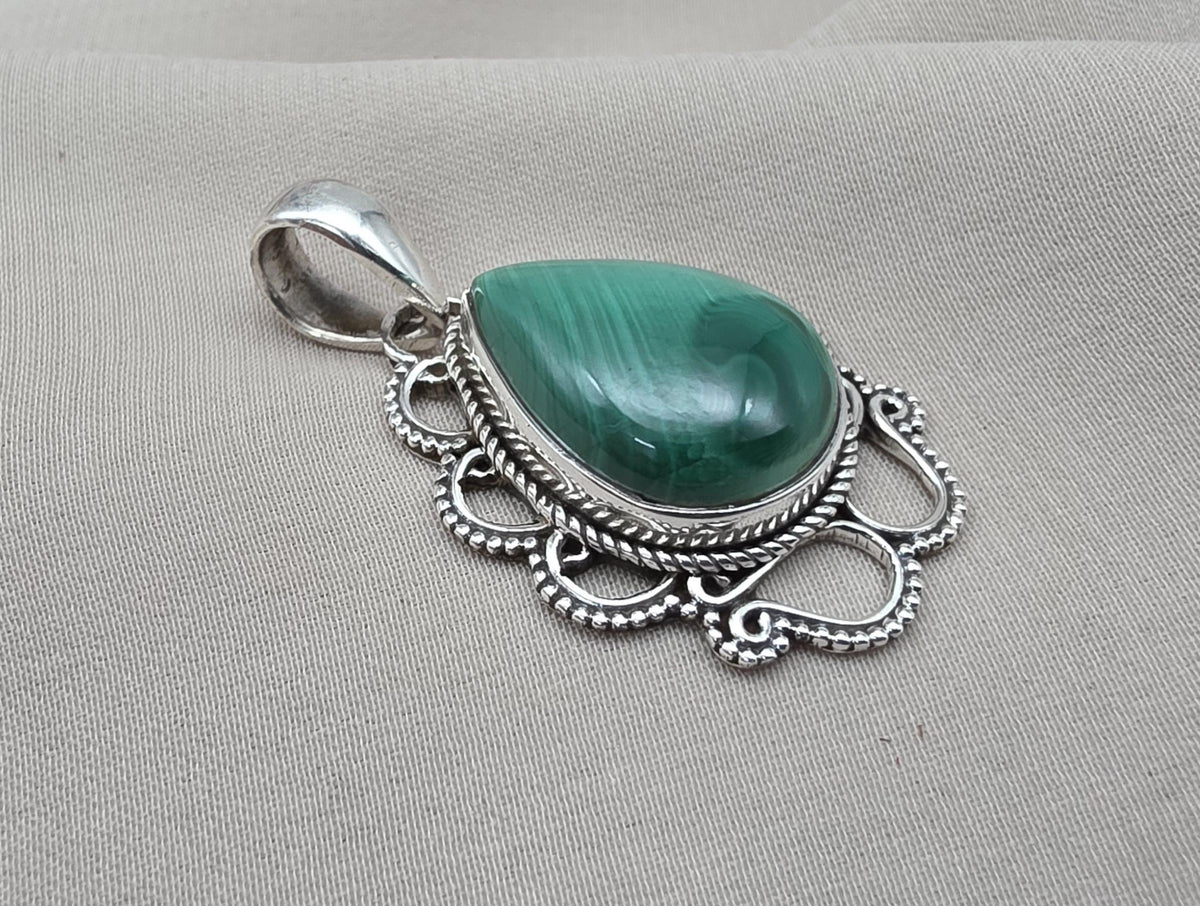 Teardrop Malachite Pendant: 925 Sterling Silver Healing Crystal Necklace