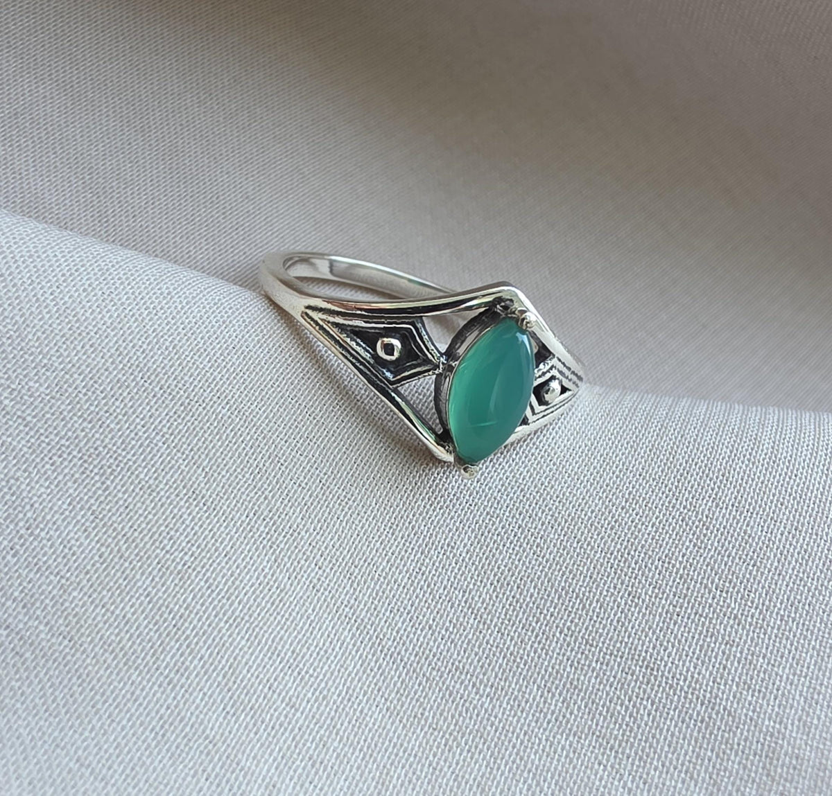 Green Onyx Ring Marquise Cut 925 Sterling Silver Boho Geometric Statement Jewelry