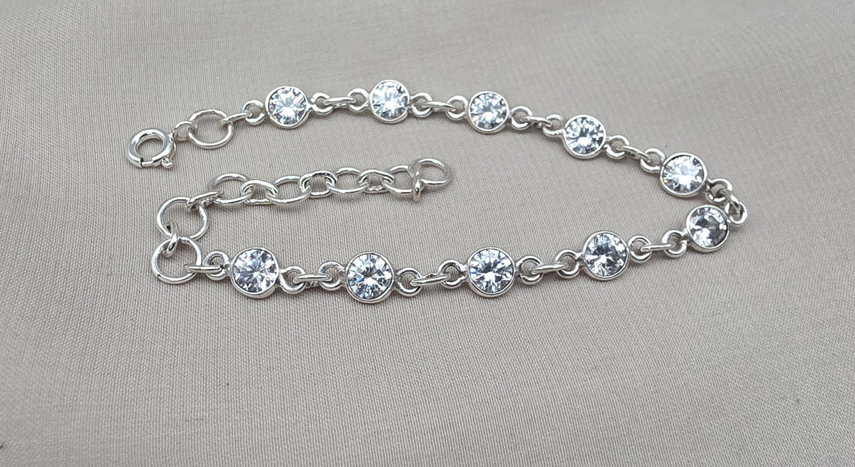 925 Sterling Silver Zircon Bracelet Minimal Sparkle Round Link Jewelry