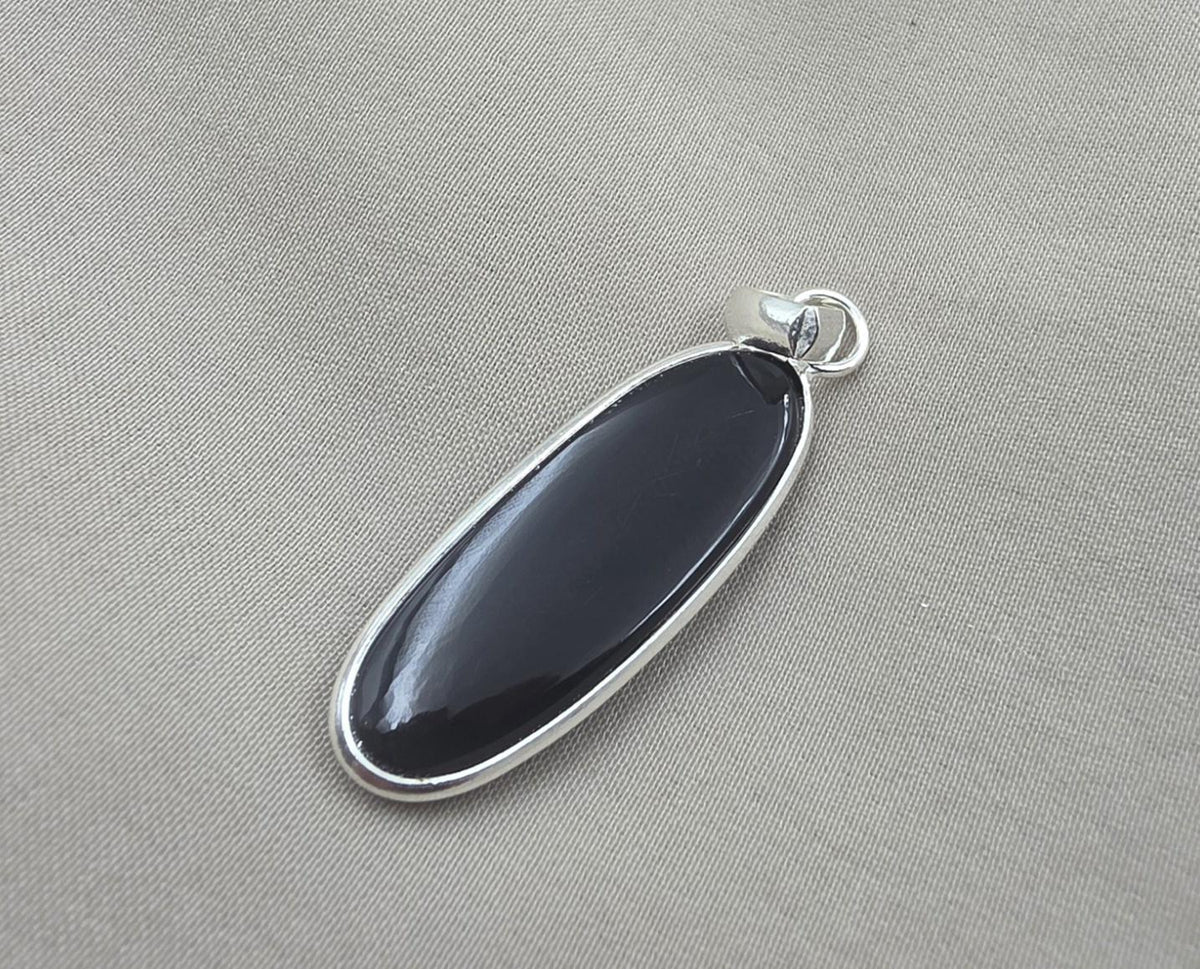 925 Sterling Silver Black Onyx Pendant, Long Oval Cabochon Gemstone Necklace